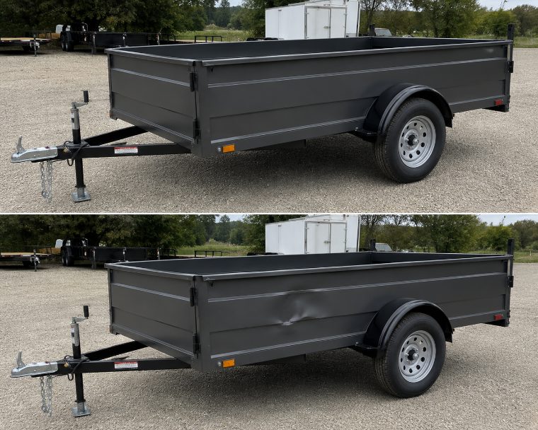 The same utility trailer at checkout (top, undamaged) and at check-in (bottom, with a dented side panel)